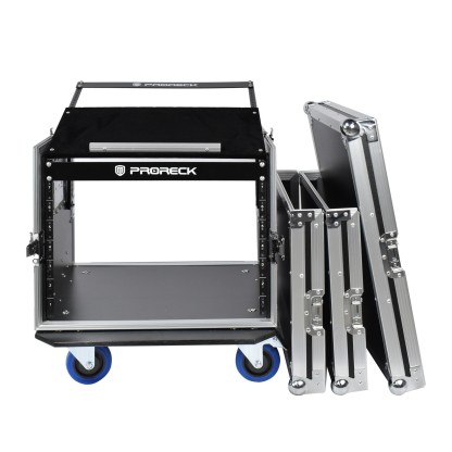 PRORECK PR-8U DJ rack case with front and rear lids open – internal mounting rails visible