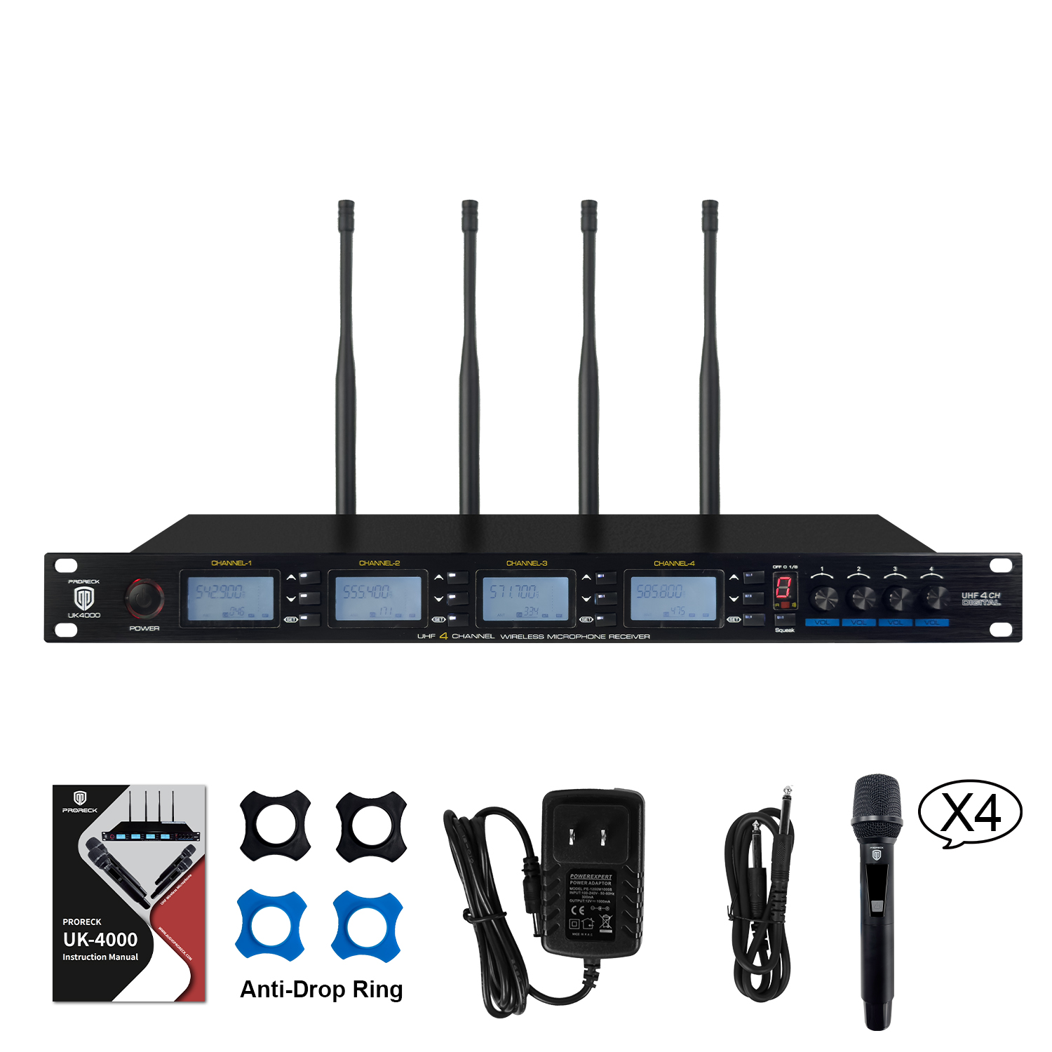 PRORECK UK-4000 UHF 4-Channel Wireless Microphone System (4 Handheld Mics)