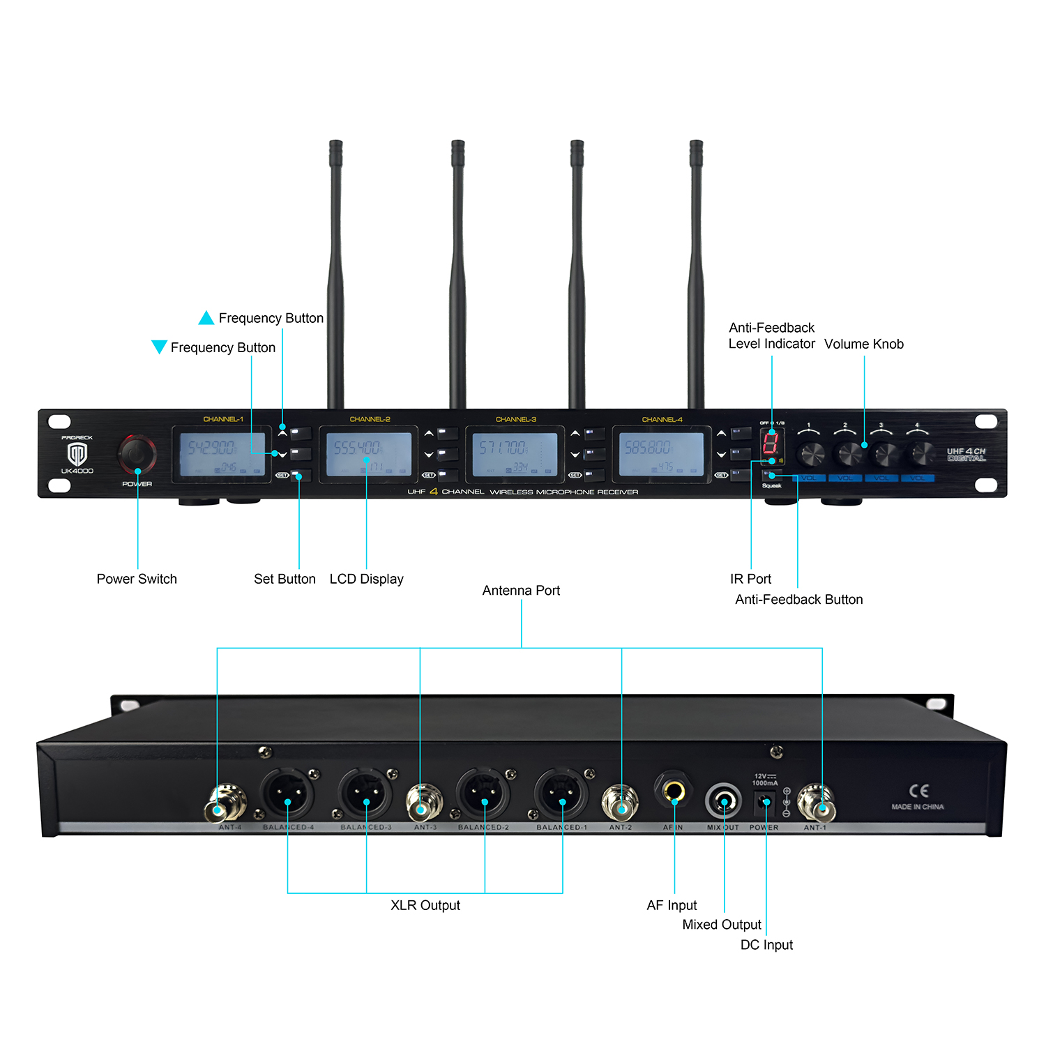 PRORECK UK-4000 UHF 4-Channel Wireless Microphone System (4 Handheld Mics)