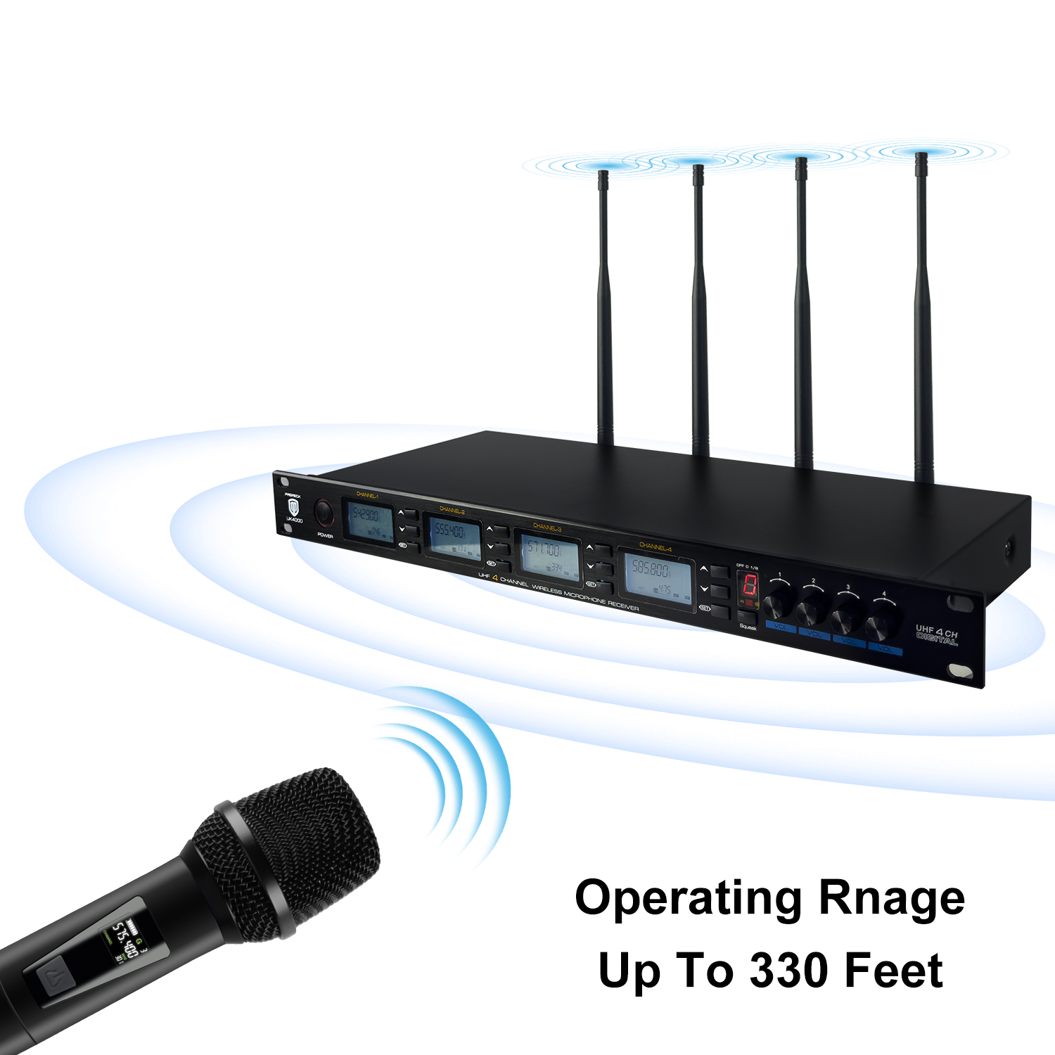 PRORECK UK-4000 UHF 4-Channel Wireless Microphone System (4 Handheld Mics)
