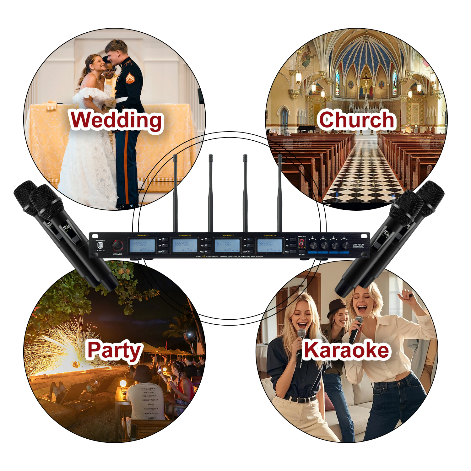 PRORECK UK-4000 UHF 4-Channel Wireless Microphone System (4 Handheld Mics)