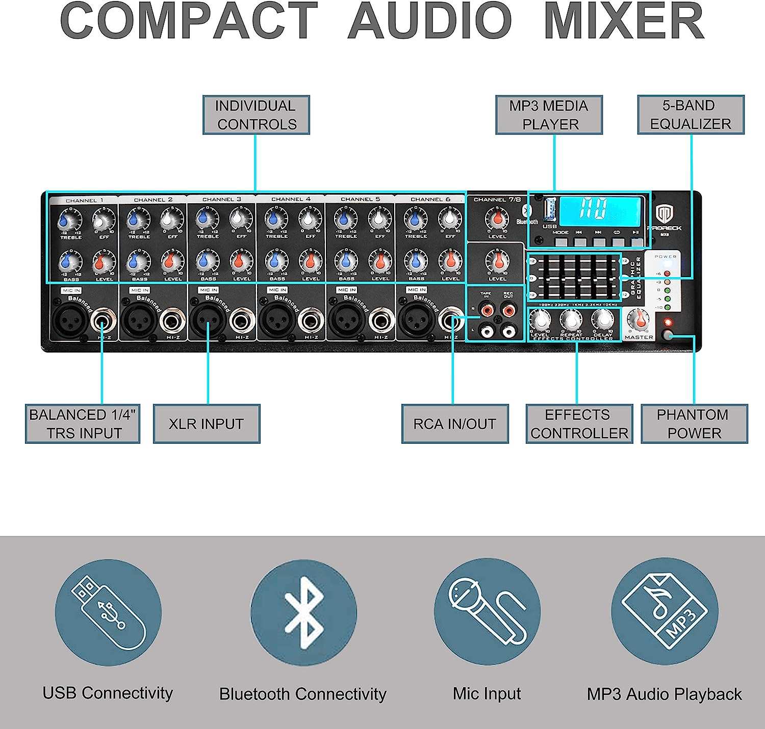 PRORECK MX8 | Audio Mixer 8 Channel|Compact audio mixer with usb/bluetooth