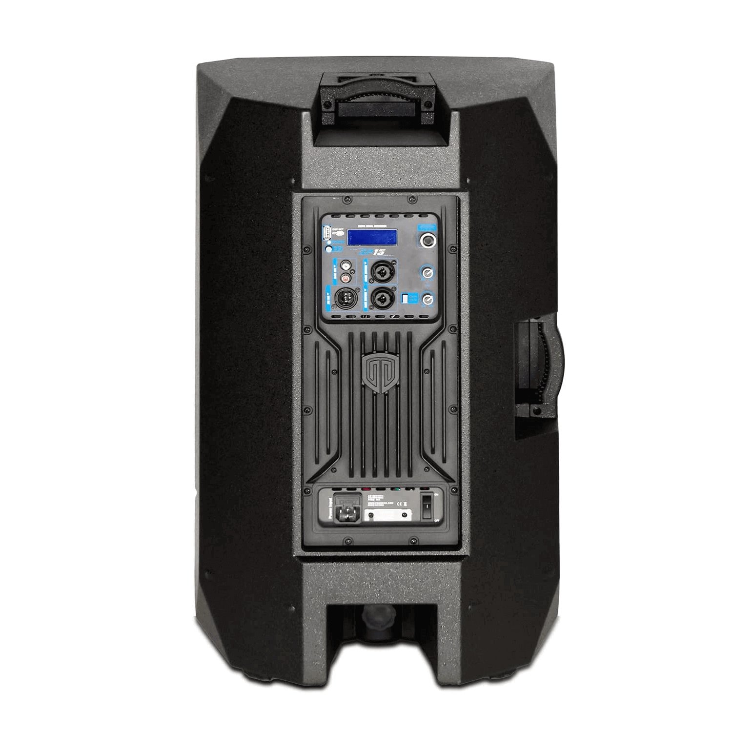 Rear panel of PRORECK SP15 showing XLR, DSP controls, and Bluetooth 