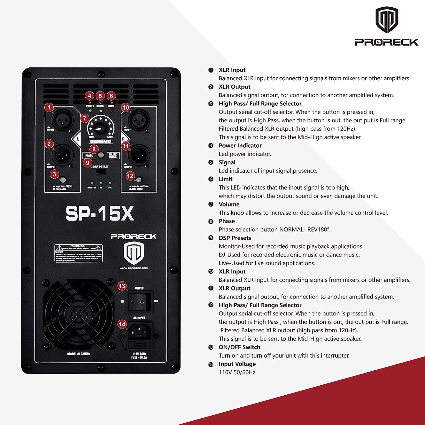 PRORECK SP-15X | 15 inch 1200W Powered Subwoofer Cabinet