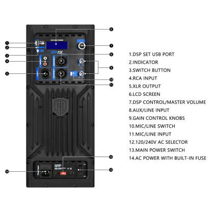 Rear panel of PRORECK SP15 showing XLR, DSP controls, and Bluetooth in details