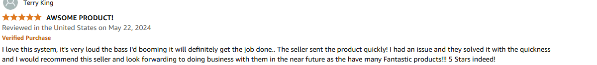 ProReck speaker system with deep bass, fast shipping, and responsive seller support