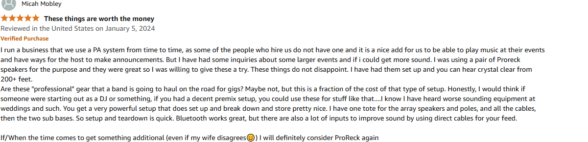 ProReck PA system used by small business at large outdoor event with clear 200-foot sound