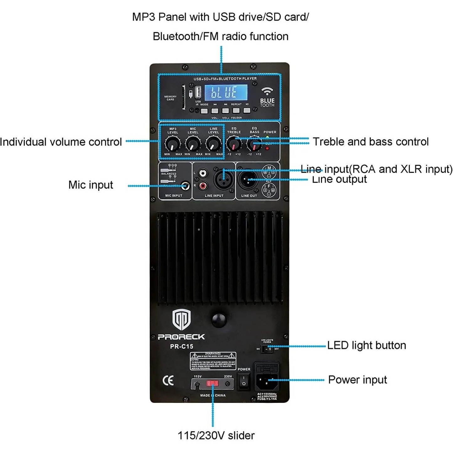 Proreckaudio PR-C15 SPEAKER PA System|15Inch 2000 Watt | PA Speaker DJ Speaker Party Speaker|Led speaker