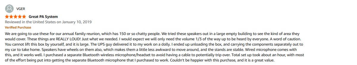 Screenshot of customer review &mdash; PRORECK PARTY 15 at 150-person reunion: high volume, portable, quick setup for events