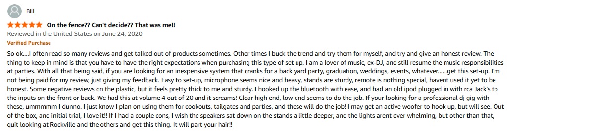 Screenshot of customer review &mdash; PRORECK PARTY 15 PA system speaker for backyard parties: easy setup, loud, great value