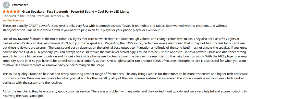 Screenshot of customer review &mdash; PRORECK PARTY 15: fast Bluetooth pairing, clear sound, multi-color LED lights, solid bass