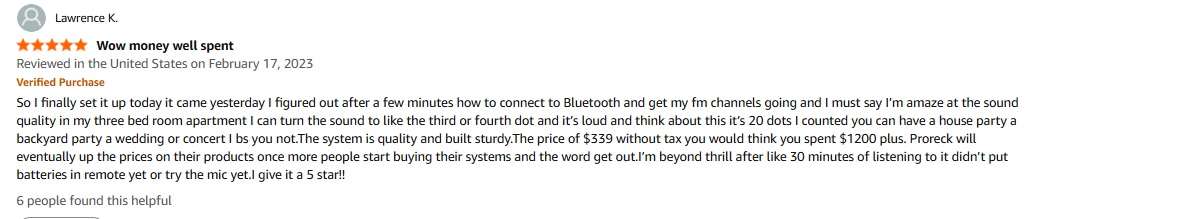 Screenshot of customer review &mdash; PRORECK PARTY 15 speakers at home: powerful sound at low volume, sturdy build, great price