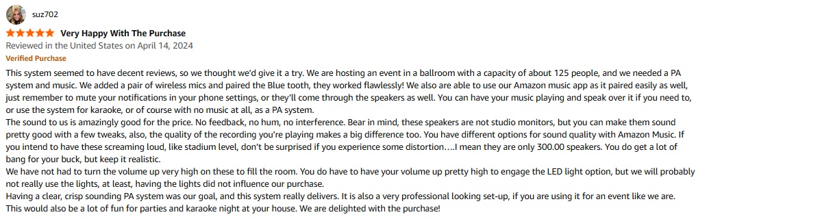 Screenshot of customer review &mdash; PRORECK PARTY 15 in ballroom: clear speech and music for 125 guests, no feedback or hum