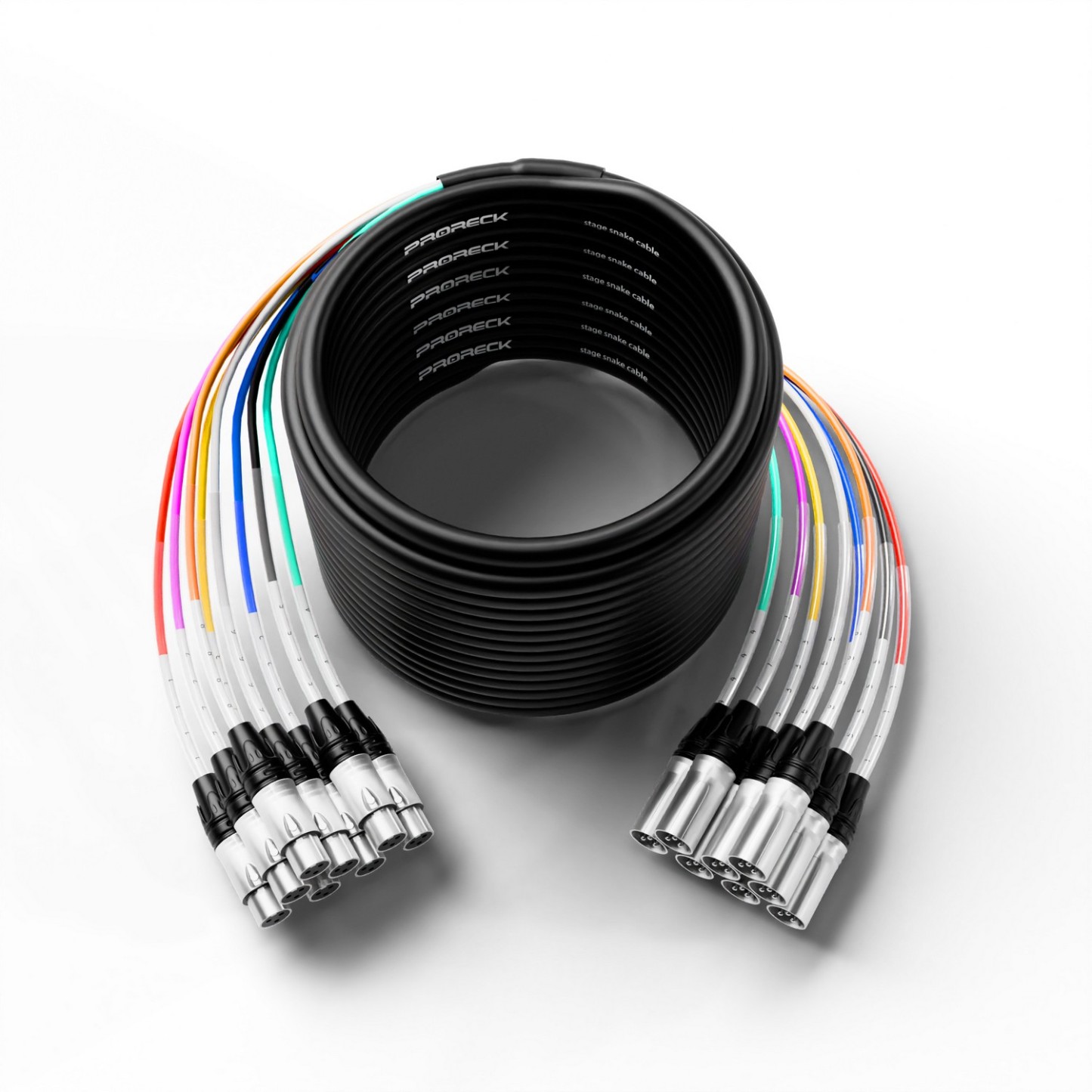 PRORECK 100ft 8-Channel Balanced XLR to XLR Audio Cable | PR-XLR/XLR-8*100 | PRORECK 100 ft XLR to XLR 8-channel cable full view, ideal for balanced audio over long distance