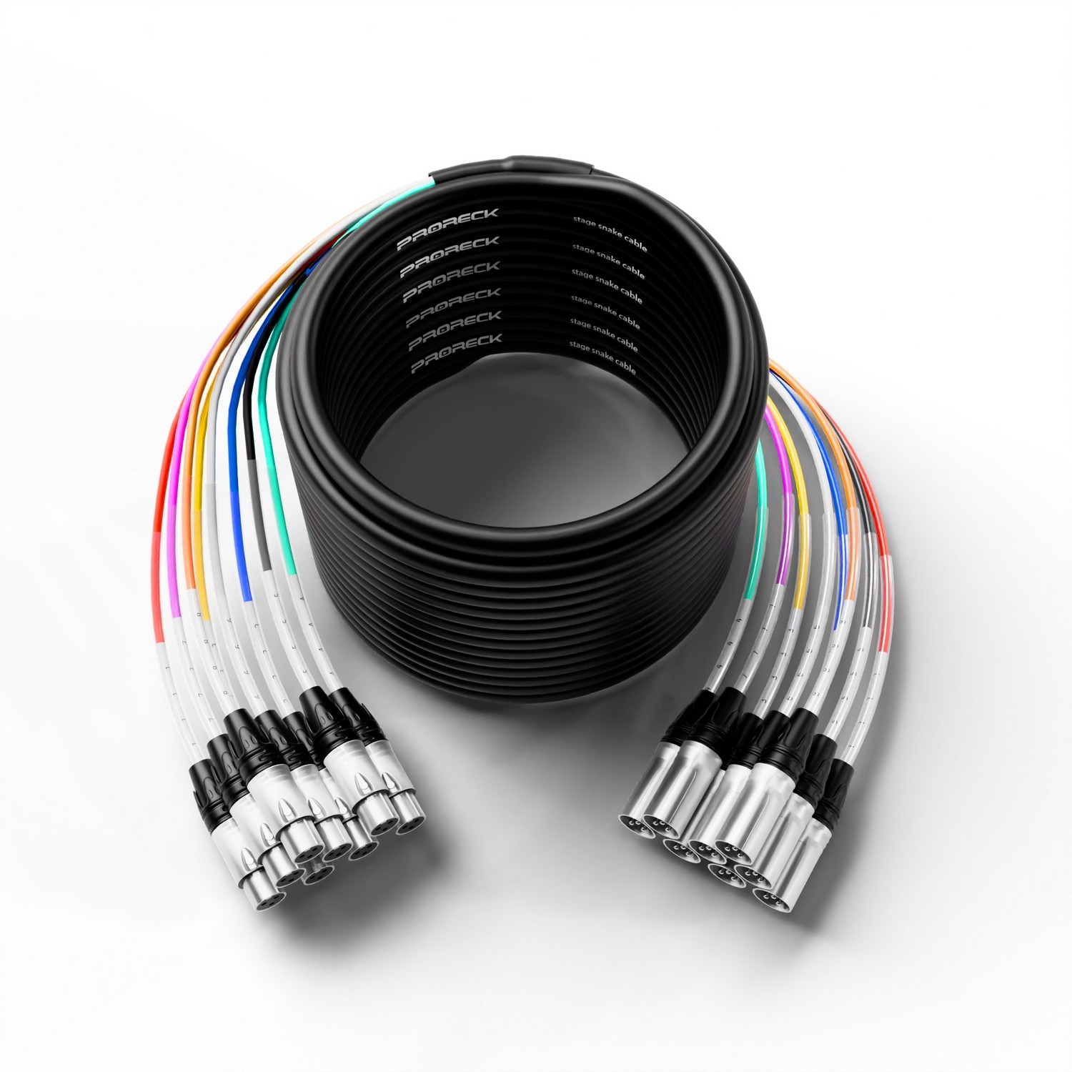 PRORECK 100ft 8-Channel Balanced XLR to XLR Audio Cable | PR-XLR/XLR-8*100 | PRORECK 100 ft XLR to XLR 8-channel cable full view, ideal for balanced audio over long distance