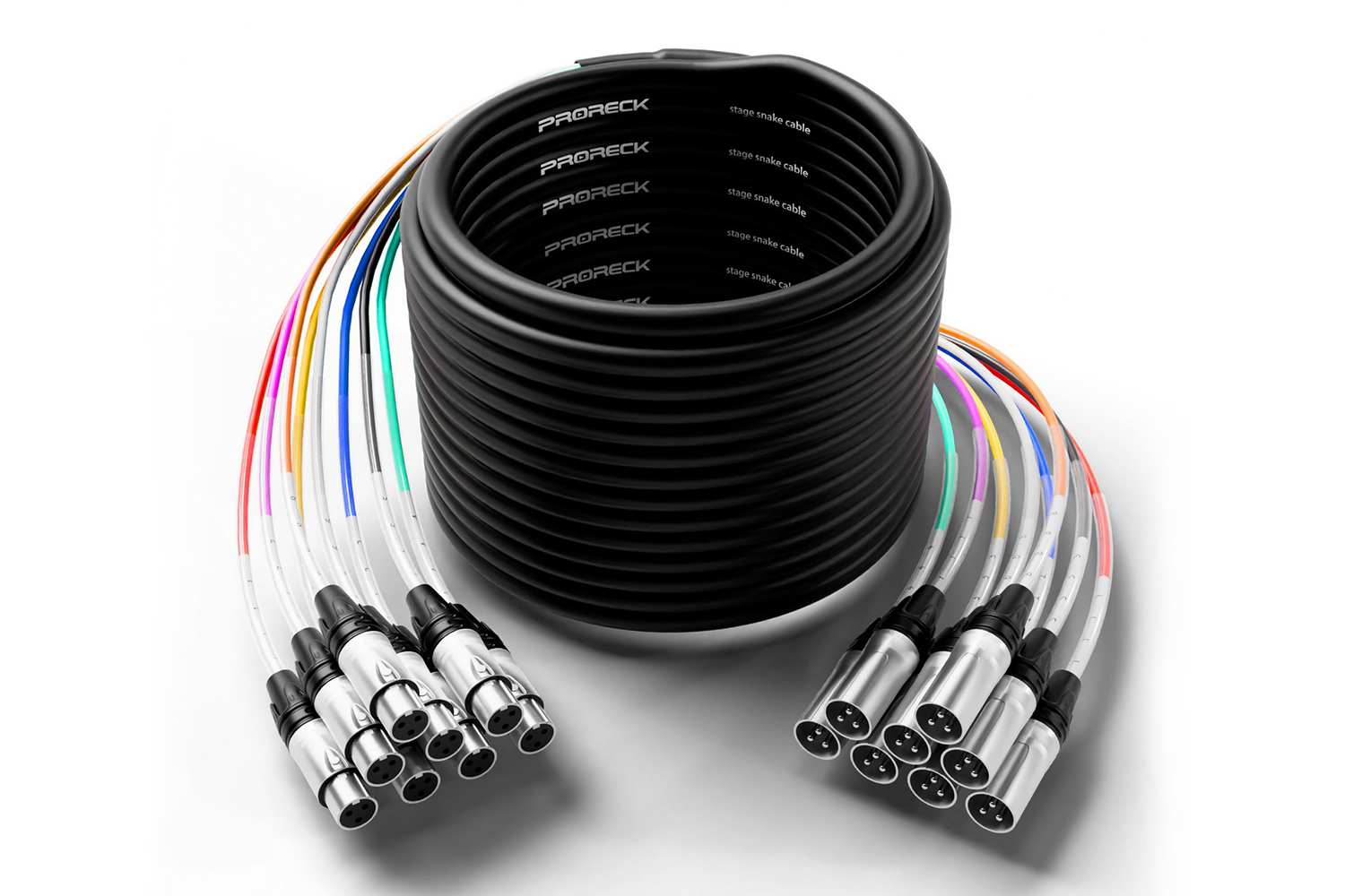 PRORECK 100 ft XLR to XLR 8-channel cable full view, ideal for balanced audio over long distance