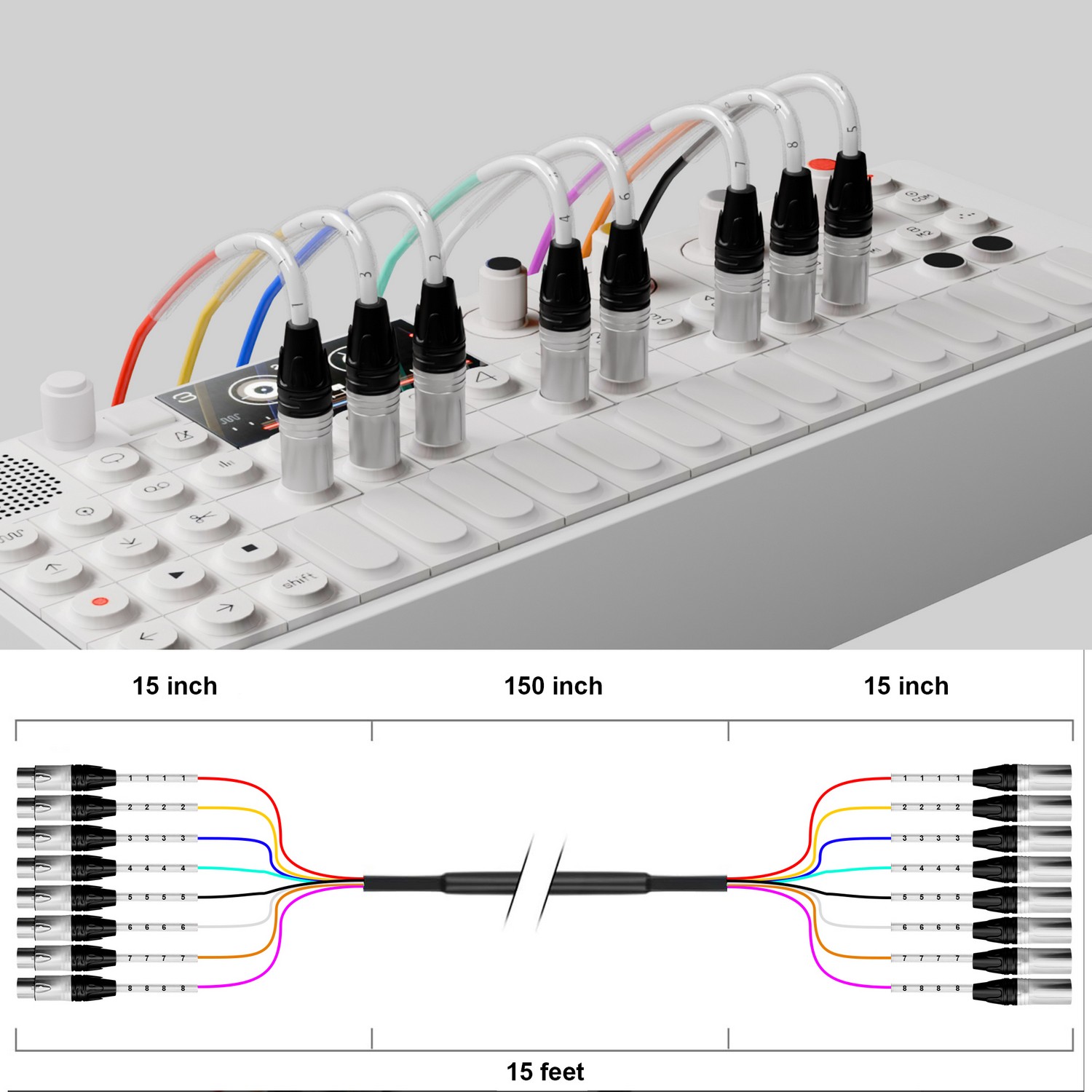 PRORECK 15ft 8-Channel XLR to XLR Cable | PR-XLR/XLR-8*15 | PRORECK 15ft XLR to XLR cable connecting a mixer to studio monitors in a desktop audio setup