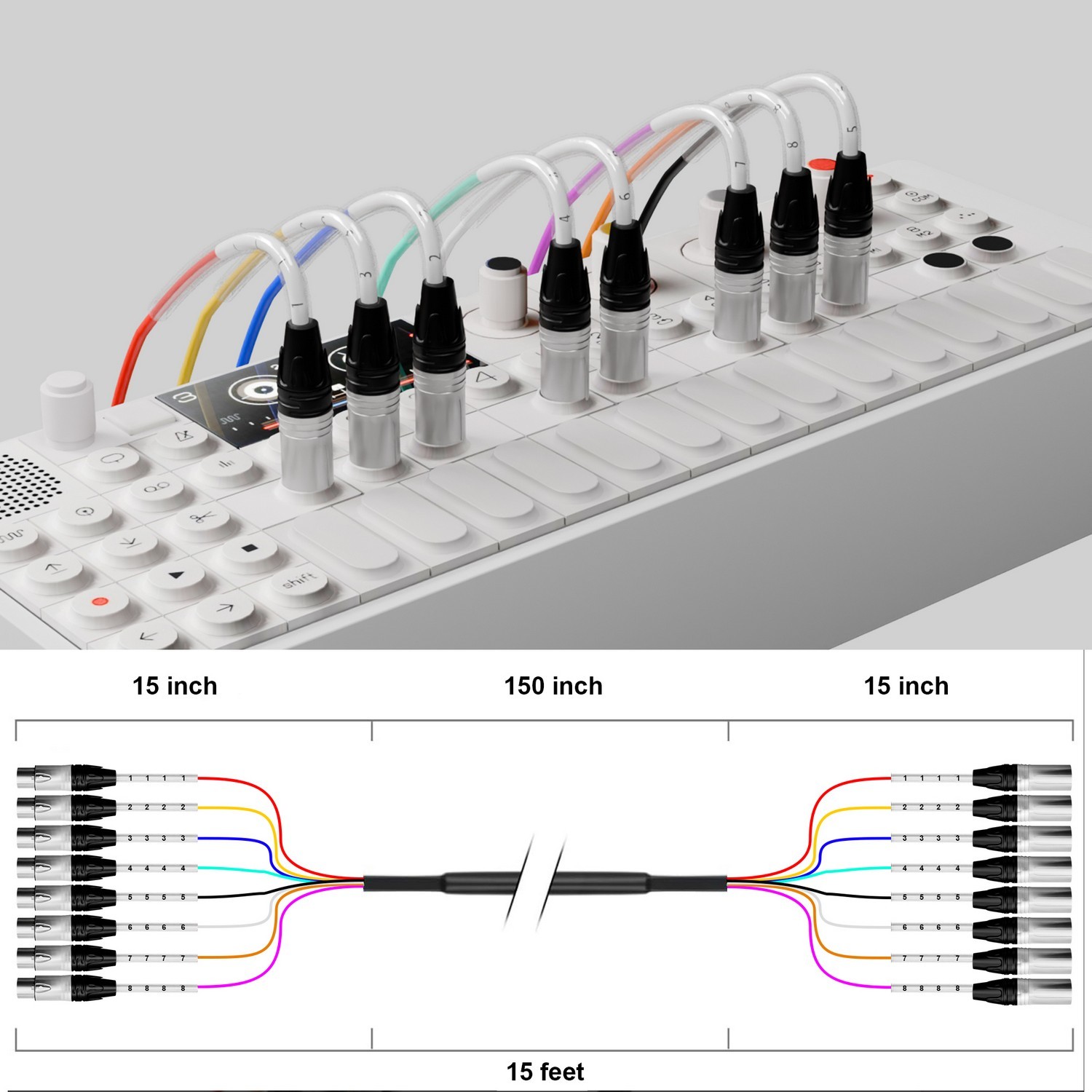 PRORECK 15ft 8-Channel XLR to XLR Cable | PR-XLR/XLR-8*15 | PRORECK 15ft XLR to XLR cable connecting a mixer to studio monitors in a desktop audio setup