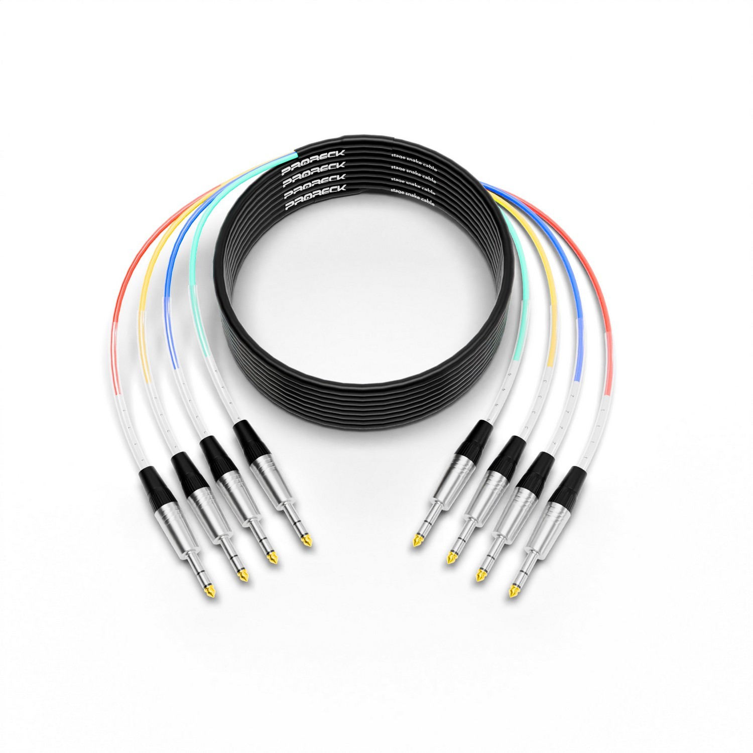 PRORECK 25ft TRS to TRS cable with 4 color-coded 1/4 inch plugs in coiled layout
