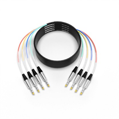 PRORECK 25ft TRS to TRS cable with 4 color-coded 1/4 inch plugs in coiled layout