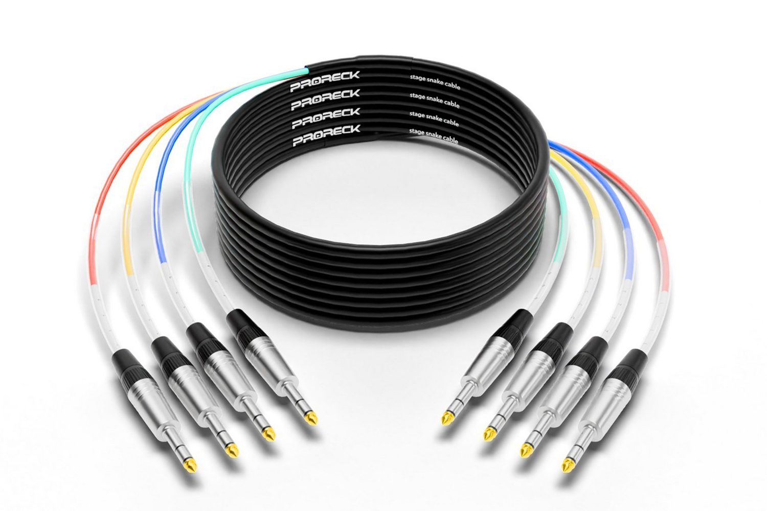 PRORECK 25ft TRS to TRS cable with 4 color-coded 1/4 inch plugs in detail