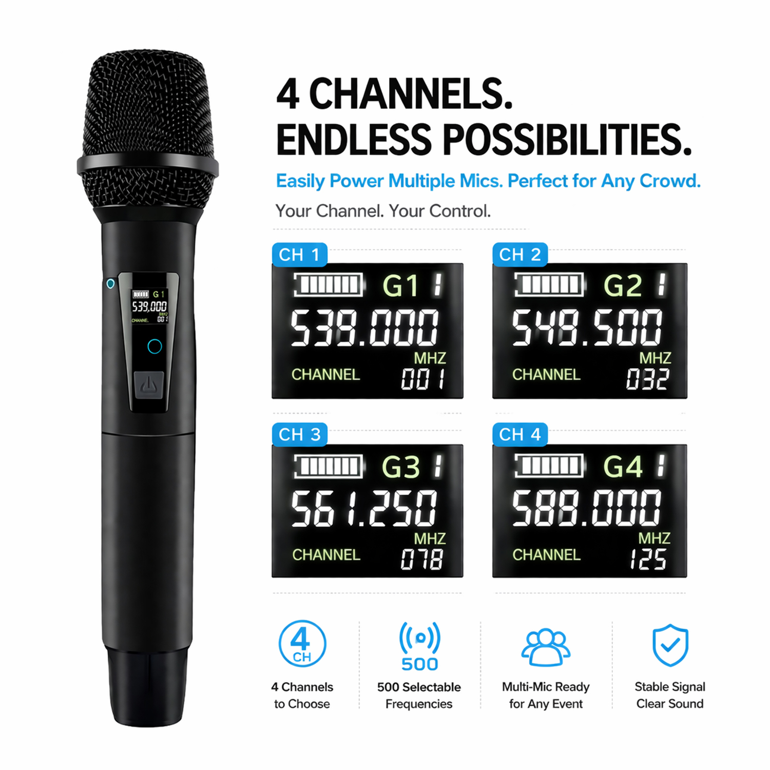 PRORECK UK-4000 UHF 4-Channel Wireless Microphone System (4 Handheld Mics)