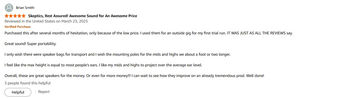 Proreck Club 6000 outdoor gig setup; portable system with request for taller poles/bags