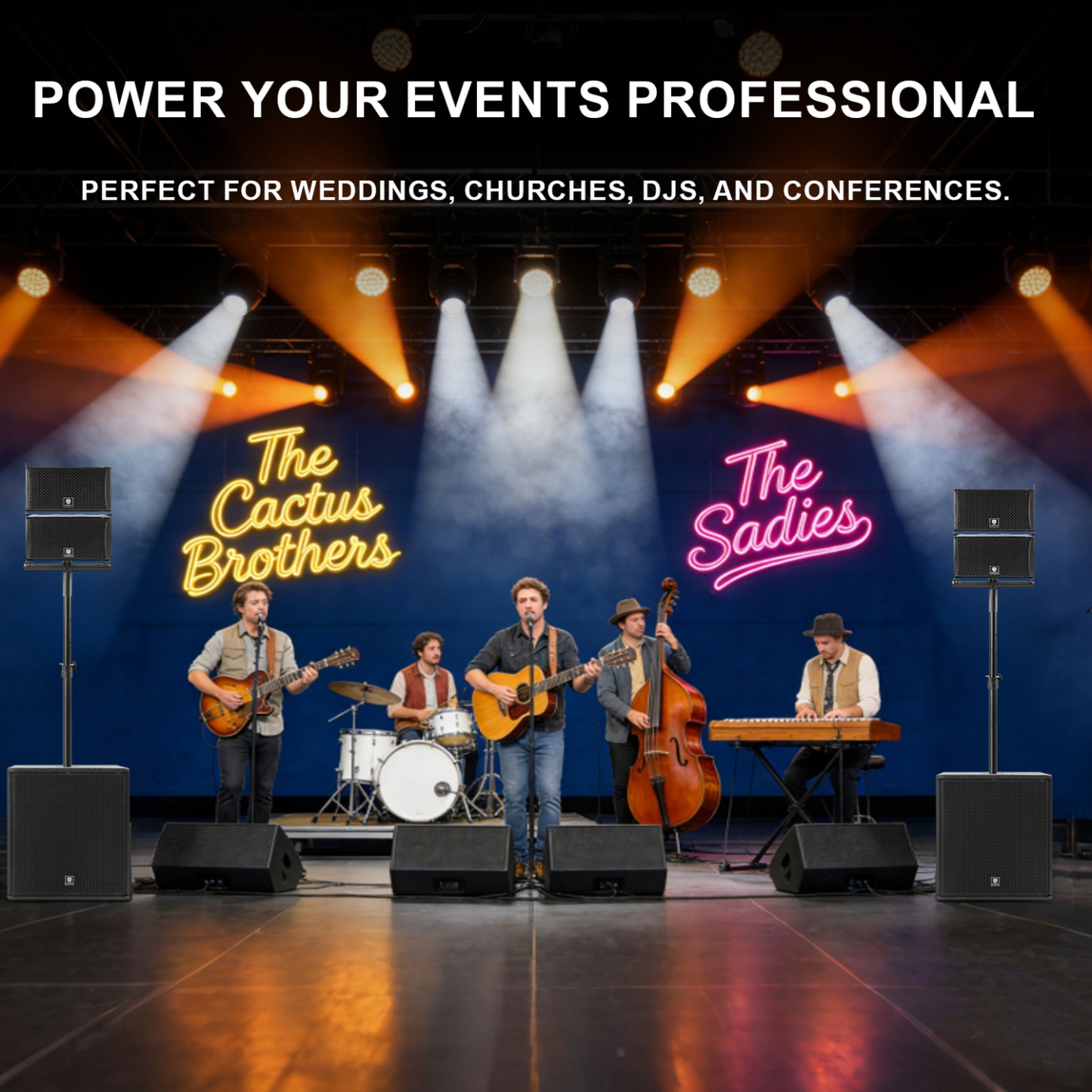 Live performance on a party stage using the PRORECK Club 6000 powered PA system