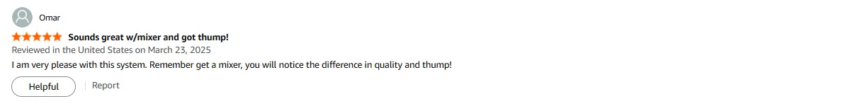 PRORECK Club 8000 review recommending a mixer to improve overall sound quality and bass thump.