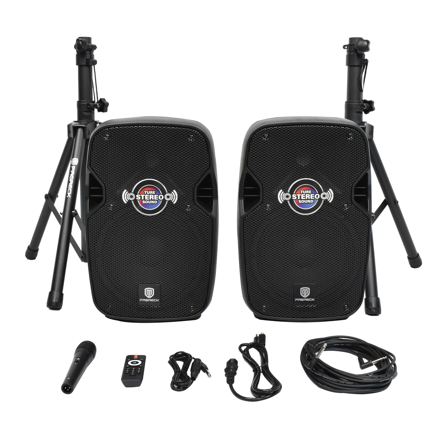 PRORECK Impact10 speaker set including active and passive speakers, mic, stands, remote, and cables
