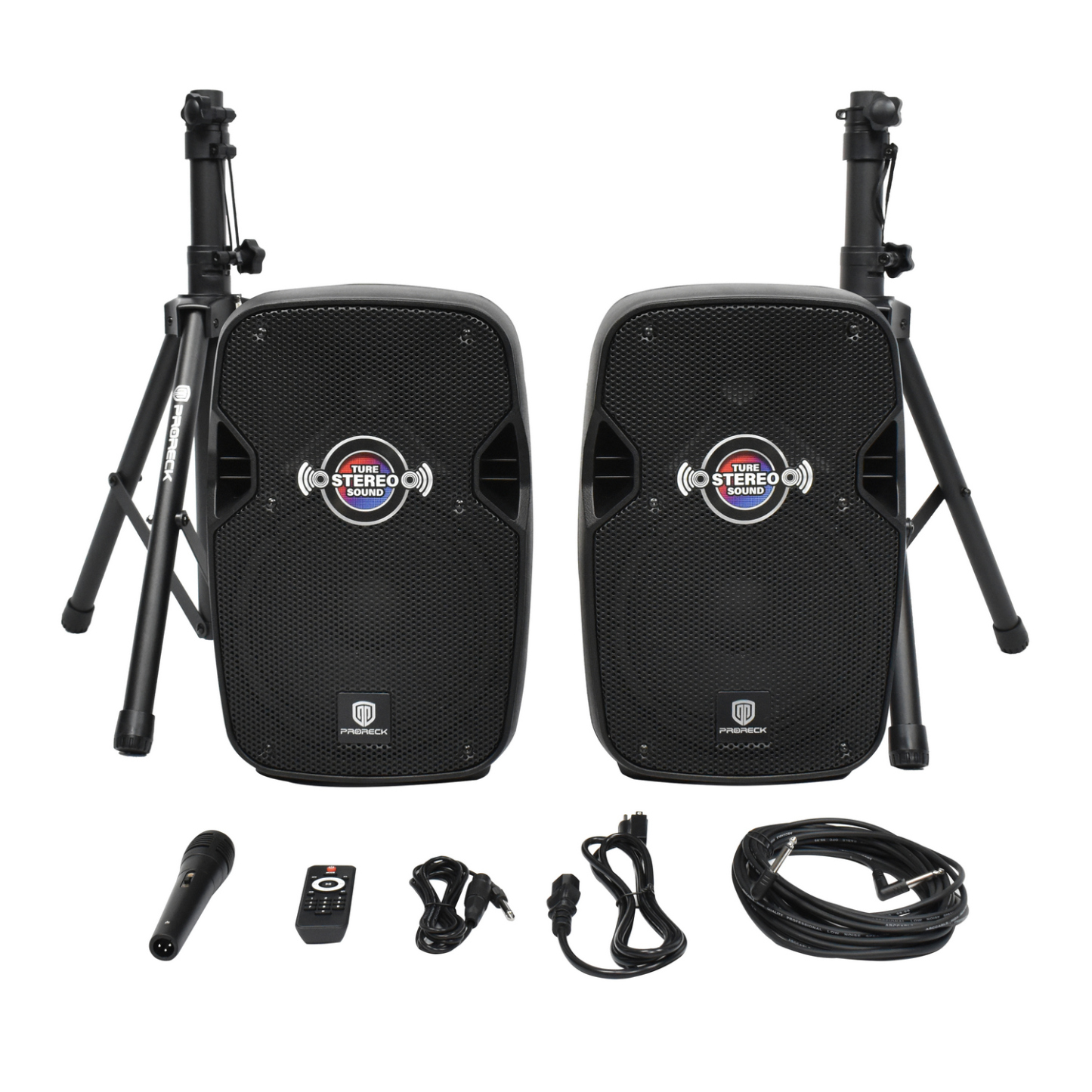 PRORECK Impact10 speaker set including active and passive speakers, mic, stands, remote, and cables