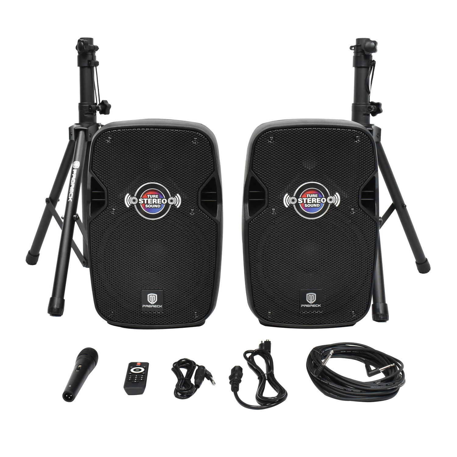 PRORECK Impact10 speaker set including active and passive speakers, mic, stands, remote, and cables