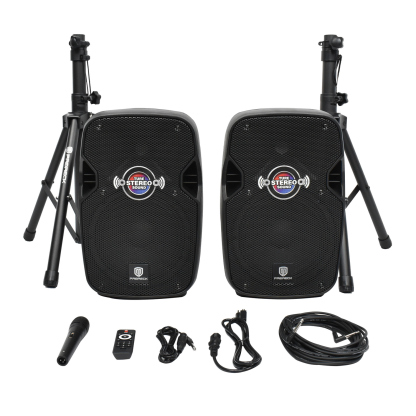 PRORECK Impact10 speaker set including active and passive speakers, mic, stands, remote, and cables