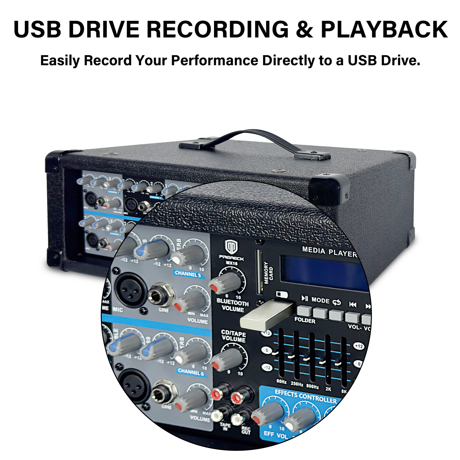 Close-up of the PRORECK MX16 mixer control panel with EQ knobs and effects controls