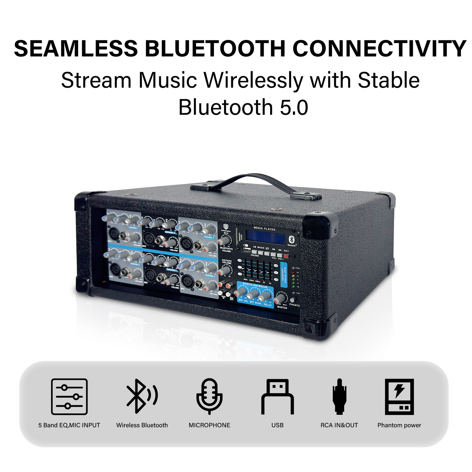 PRORECK MX16 inputs and outputs with mic inputs, USB interface, and RCA in/out plus Bluetooth playback
