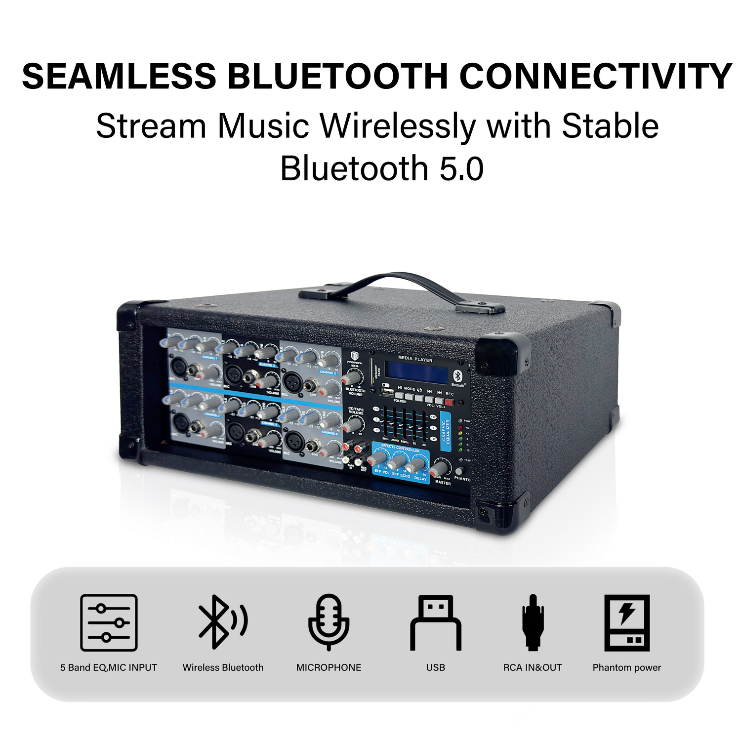 PRORECK MX16 inputs and outputs with mic inputs, USB interface, and RCA in/out plus Bluetooth playback