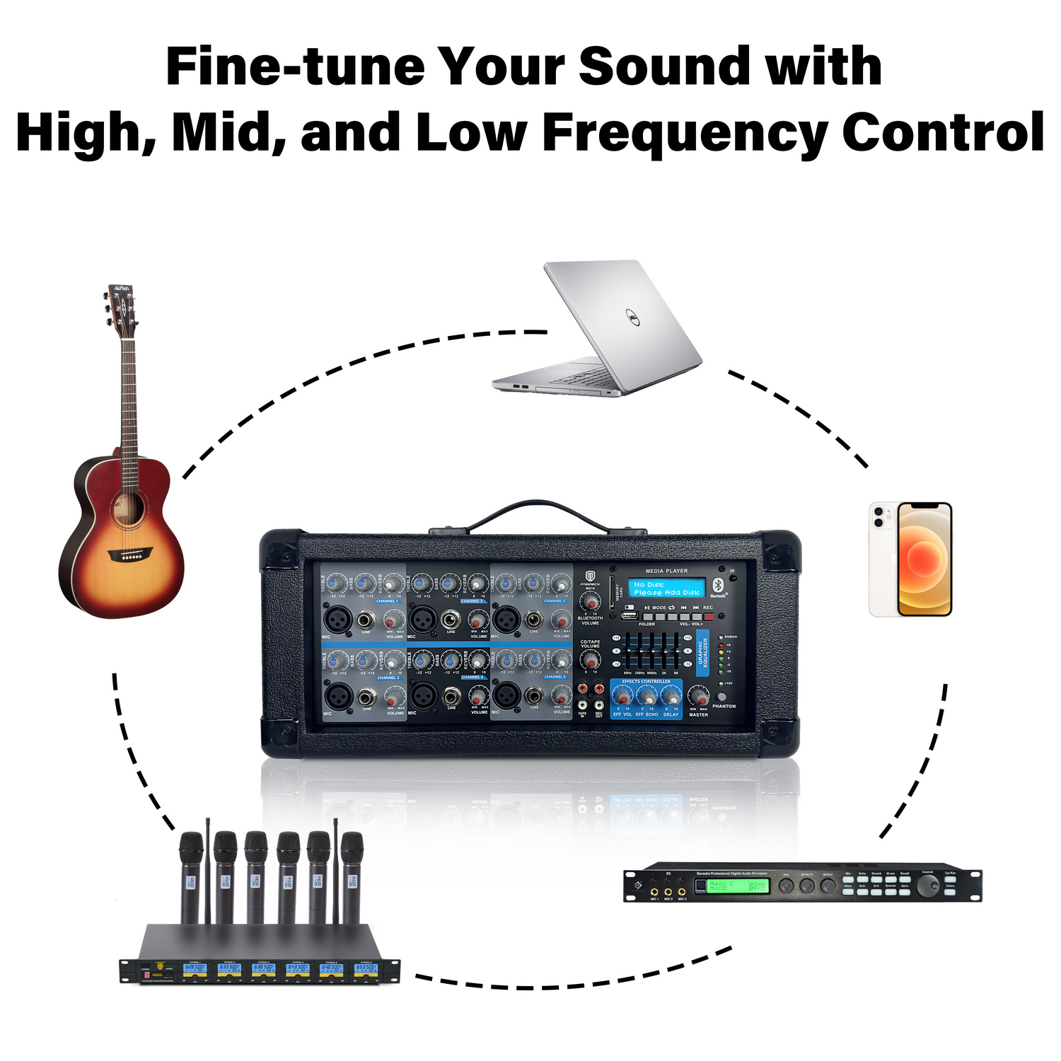 PRORECK MX16 powered mixer connecting to a laptop, wireless microphone, smartphone, and instrument