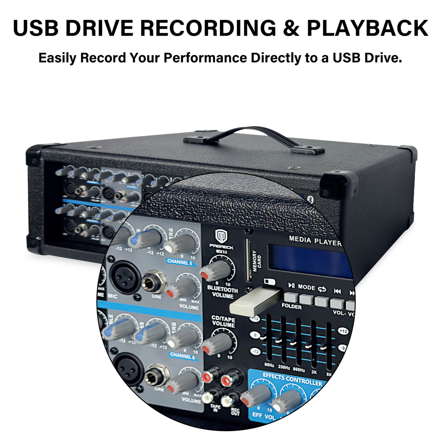 Close-up of PRORECK MX18 mixer controls with EQ knobs and effects section