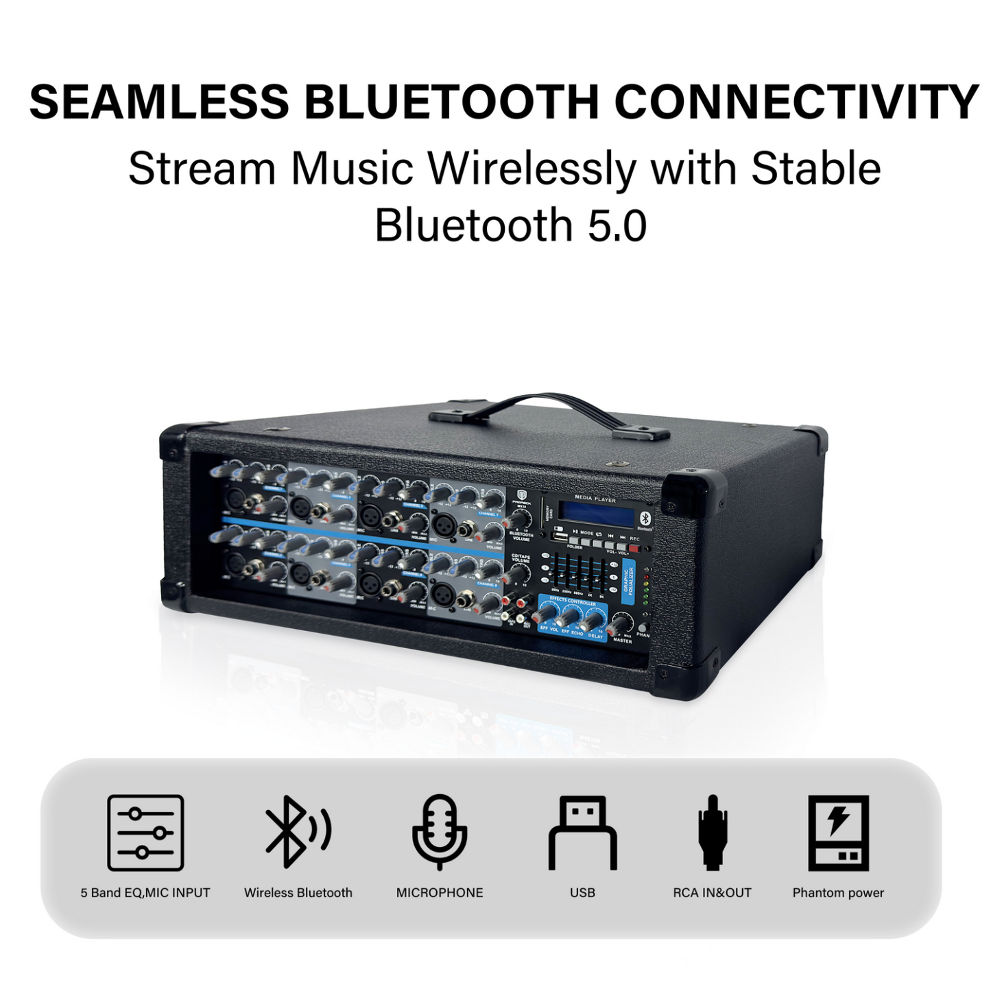 Input and output connections on the PRORECK MX18 mixer with mic inputs and USB interface