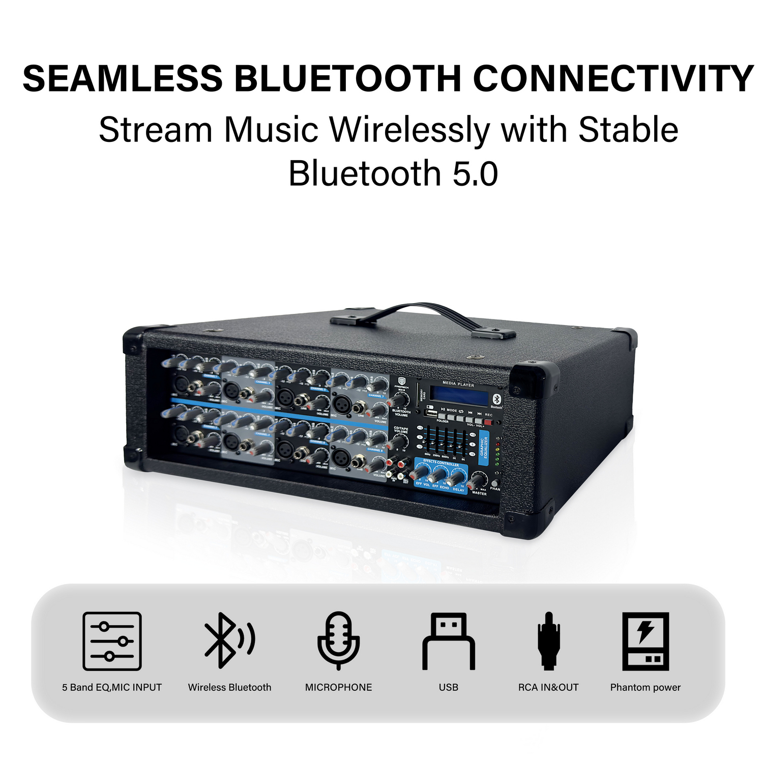 Input and output connections on the PRORECK MX18 mixer with mic inputs and USB interface