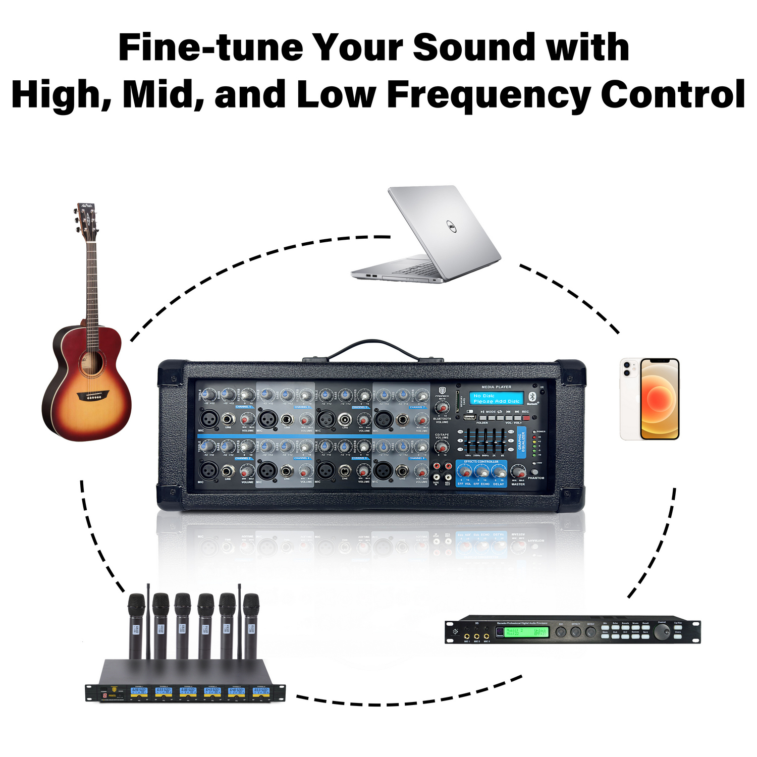 PRORECK MX18 connecting microphones, instruments, a phone via Bluetooth, and a USB playback device