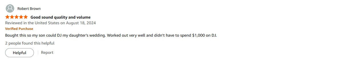 PRORECK PARTY15 review describing wedding use as a cost-effective alternative to hiring a professional DJ, with great sound quality and volume.