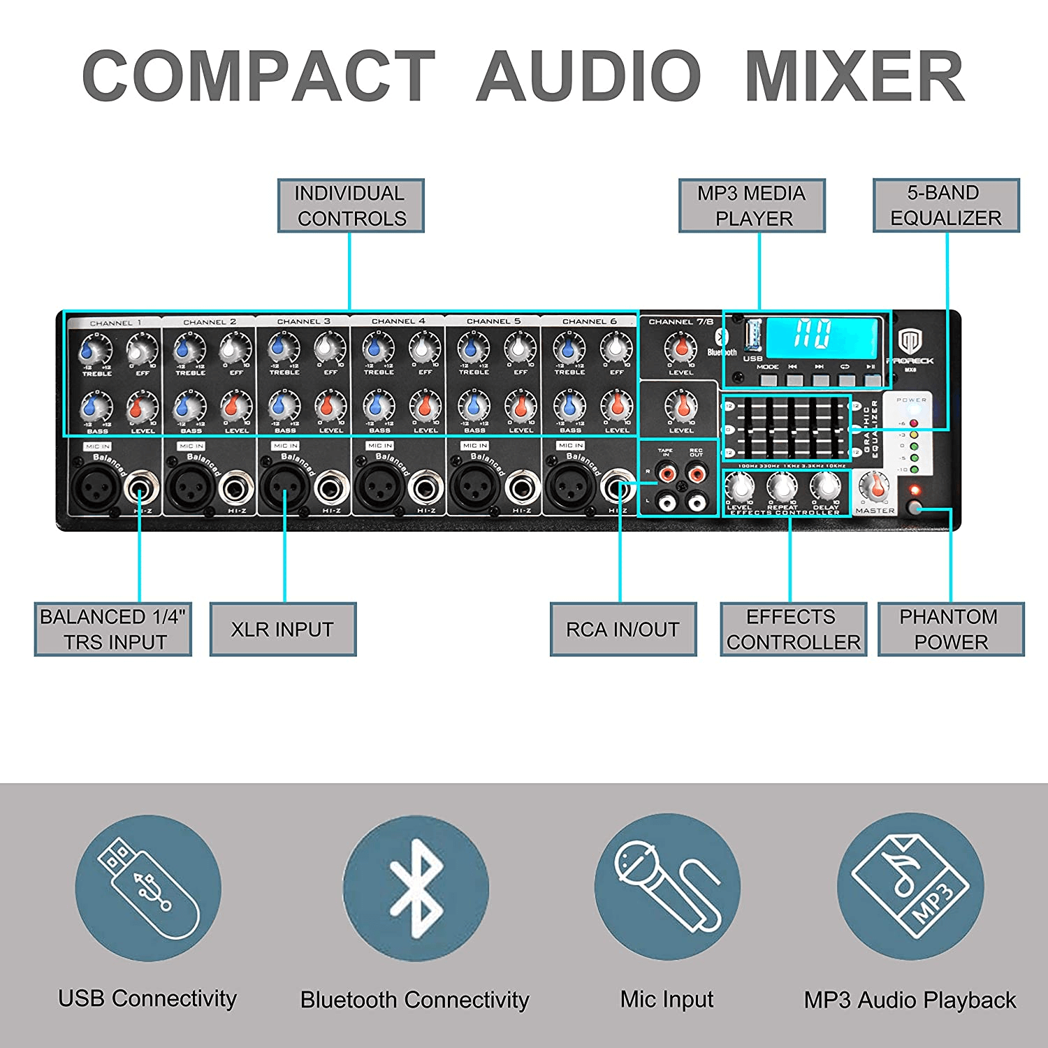 PRORECK Speaker MX15 15inch 2500W 8 Channel Bluetooth Powered PA System Mixer