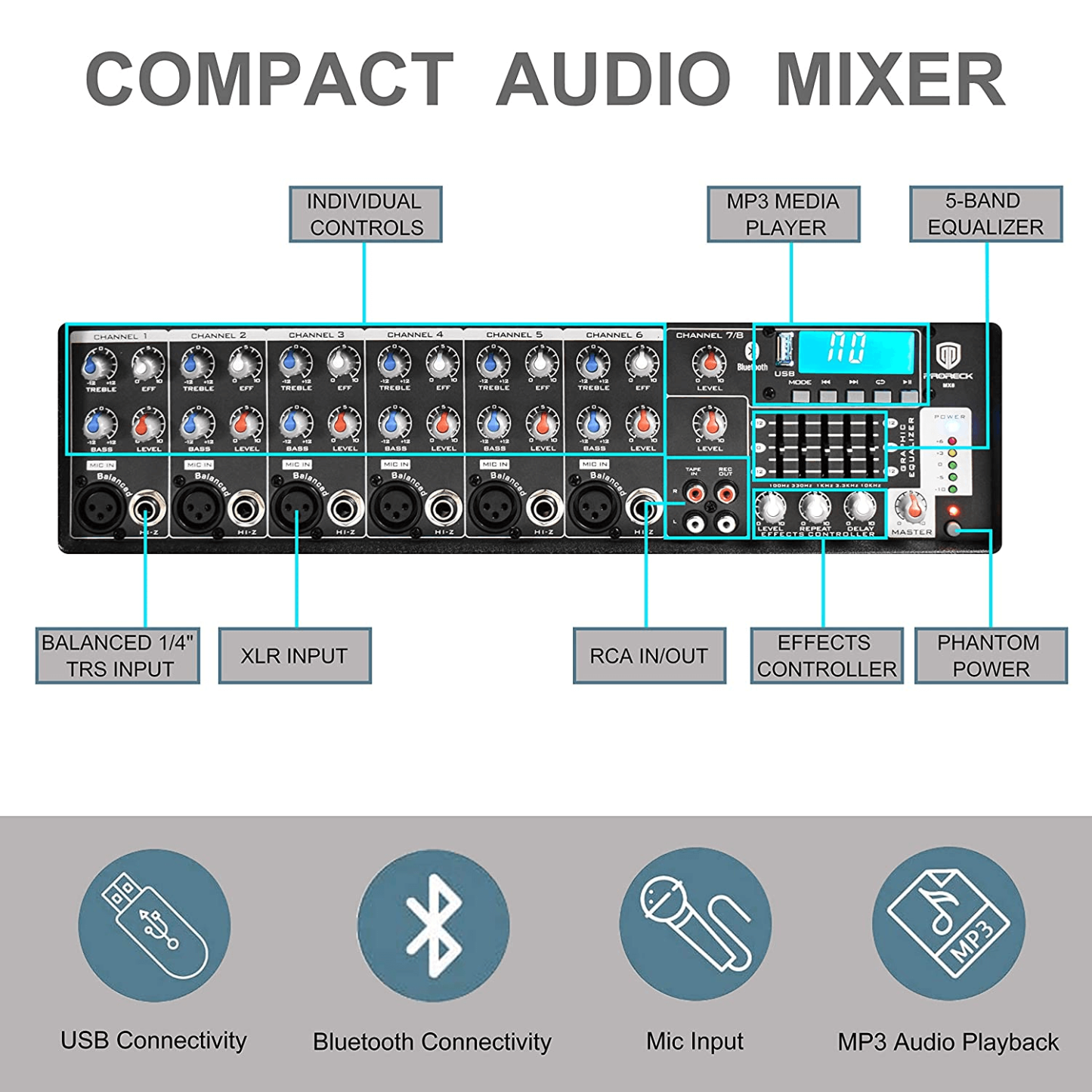 PRORECK Speaker MX15 15inch 2500W 8 Channel Bluetooth Powered PA System Mixer
