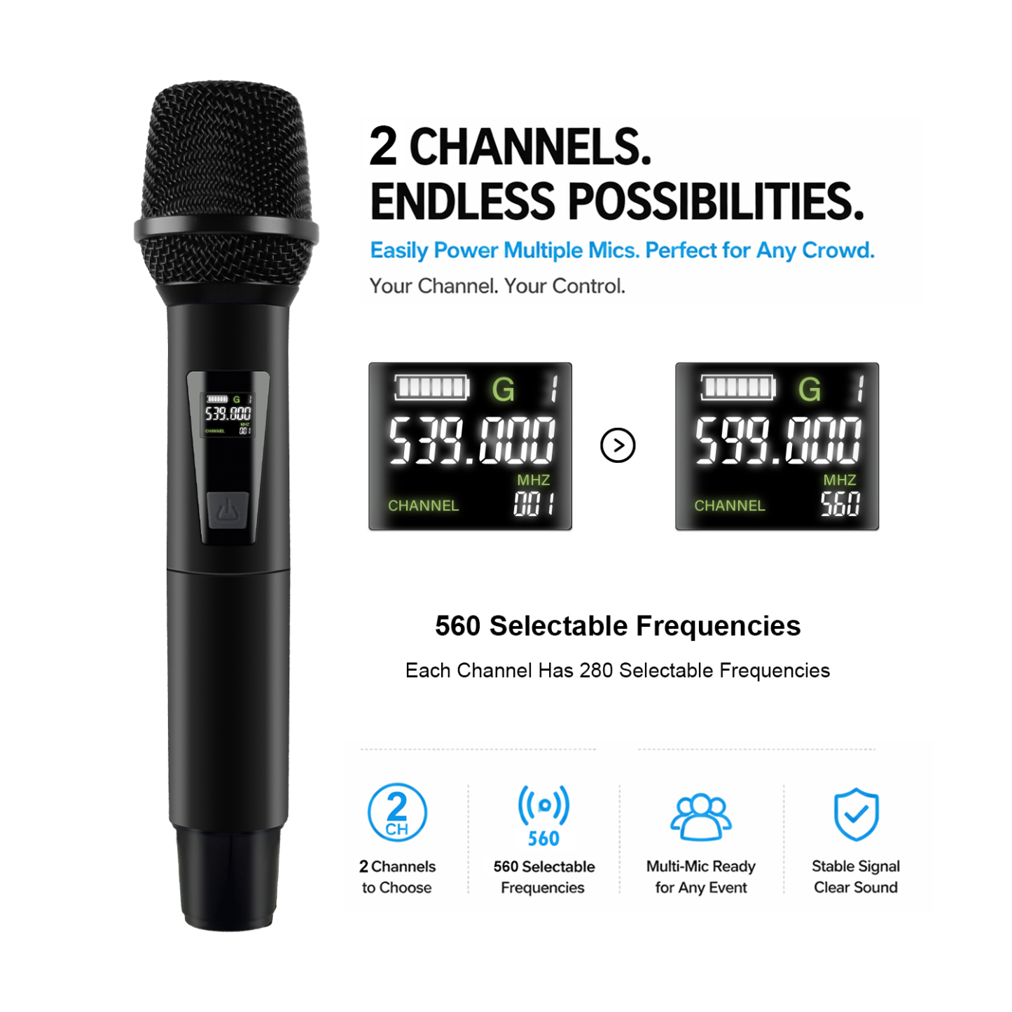 UHF wireless microphone system frequency display on the UK-2000 handheld microphone