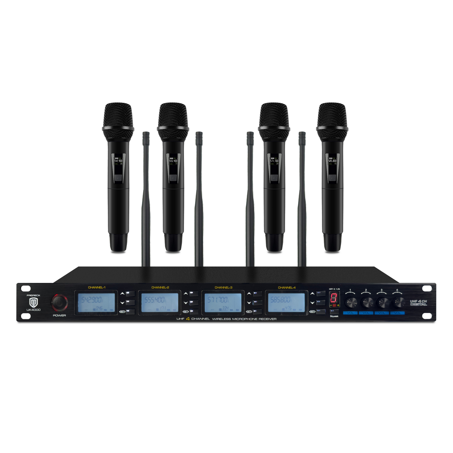 PRORECK UK-4000 UHF 4-Channel Wireless Microphone System (4 Handheld Mics)