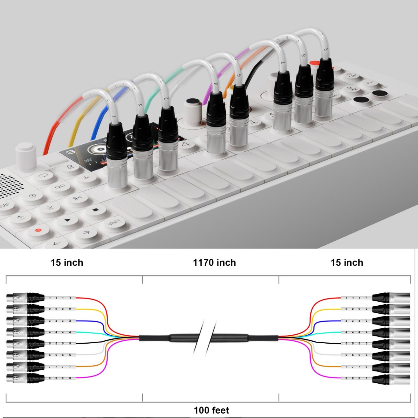 PRORECK 100ft 8-Channel Balanced XLR to XLR Audio Cable | PR-XLR/XLR-8*100 | PRORECK 100 ft XLR cable connecting mixer to stage speakers in large venue setup