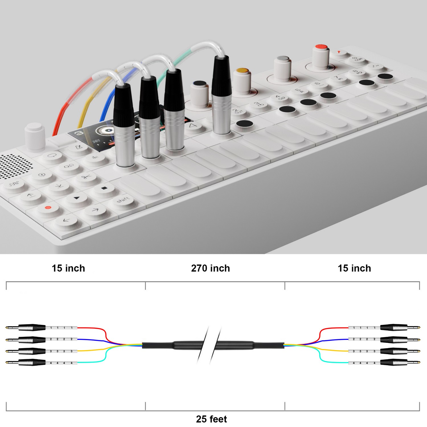 25ft TRS cable connected to mixer or audio interface with color-coded TRS plugs