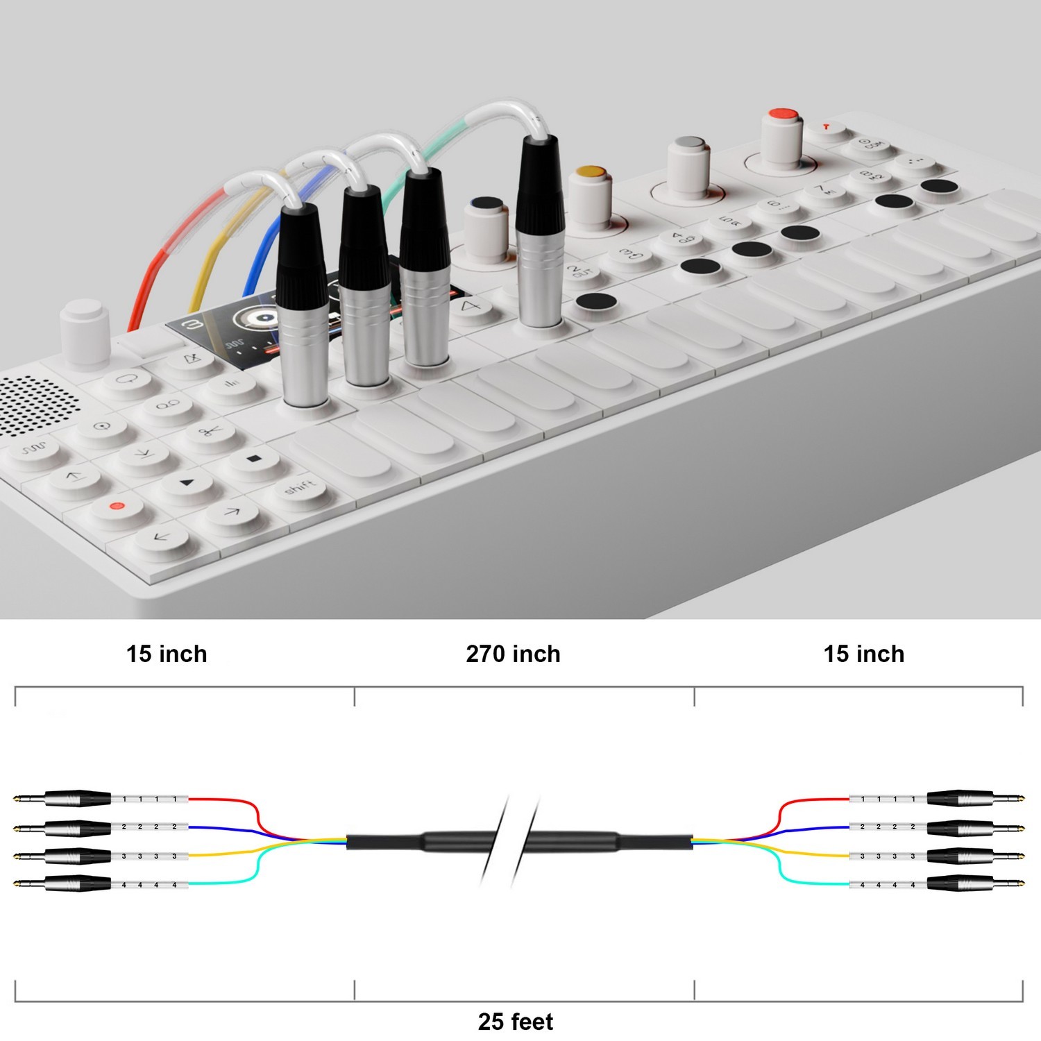 25ft TRS cable connected to mixer or audio interface with color-coded TRS plugs