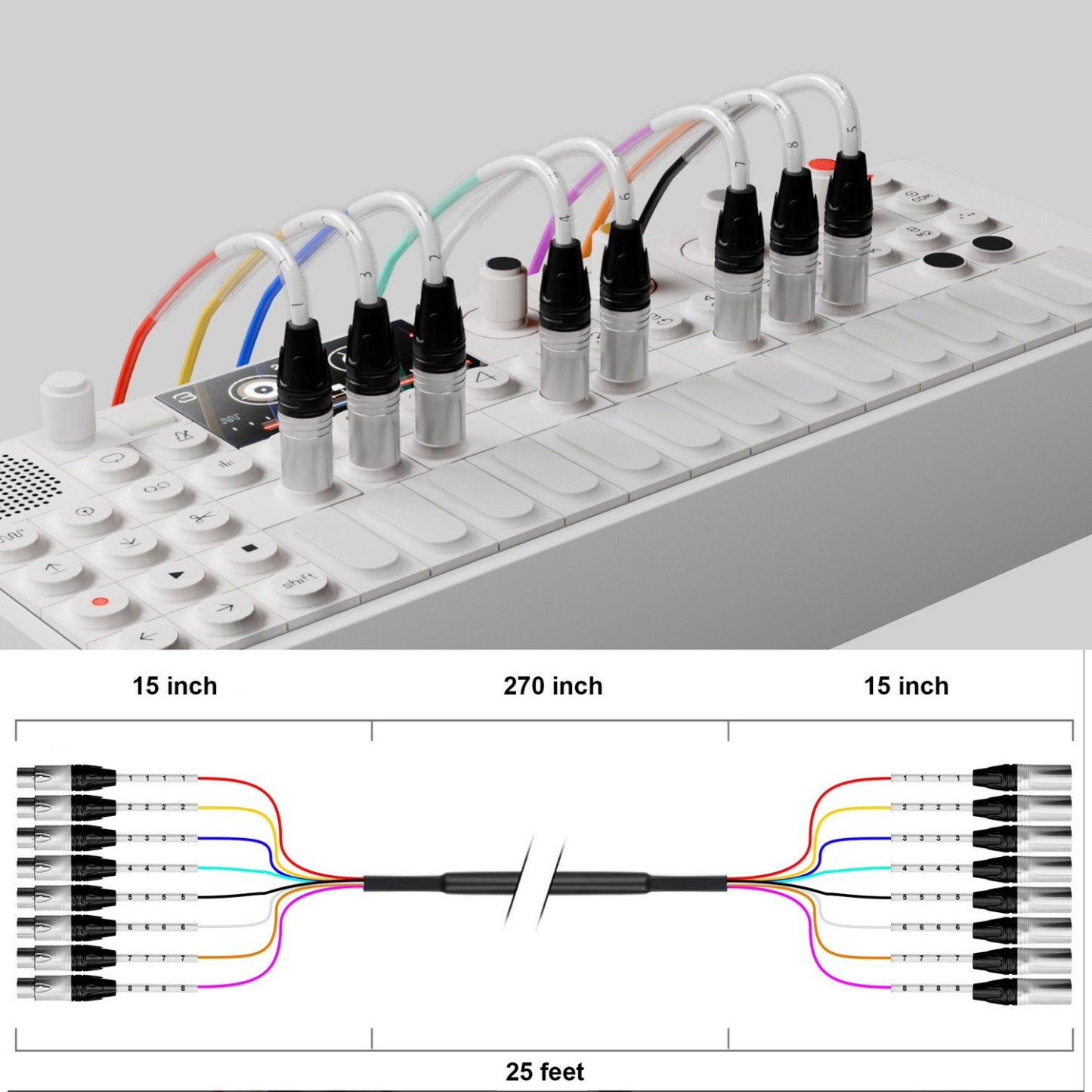 PRORECK 25ft 8-Channel XLR to XLR Cable | PR-XLR/XLR-8*25 | XLR to XLR cable connected to mixer and speaker system